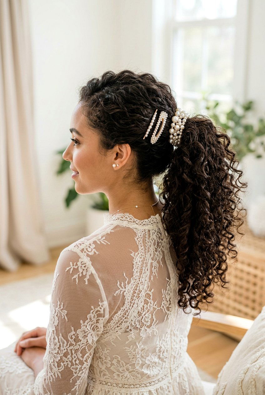 Curly Ponytail With Pearl Clips - 20 bridal shower ponytail with curls - 20 bridal shower ponytail with curls