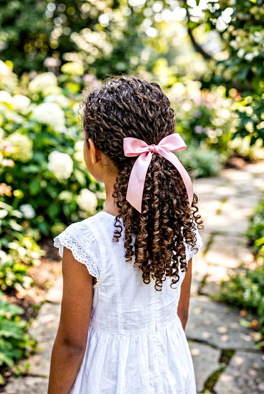 Curly Ponytail With Ribbon - 20 flower girl hairstyles with curls - 20 flower girl hairstyles with curls
