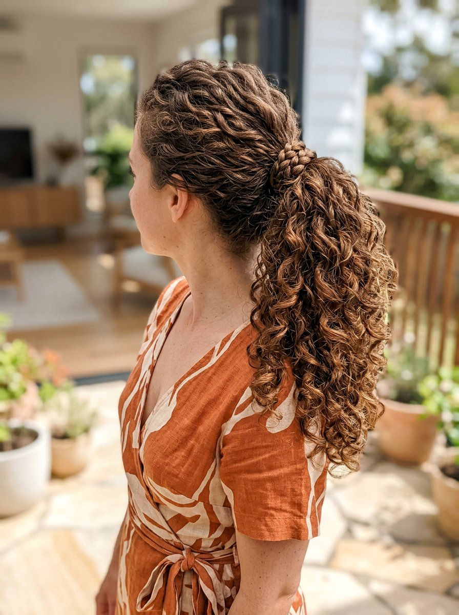 Curly Ponytail With Rope Braid Detail - 20 humidity proof curly ponytail - 20 humidity proof curly ponytail