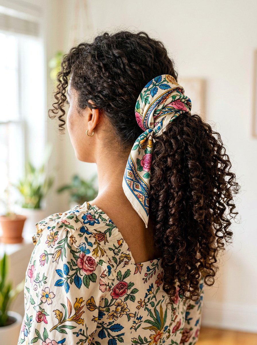 Curly Ponytail With Satin Scarf Wrapped Base - 20 humidity proof curly ponytail - 20 humidity proof curly ponytail