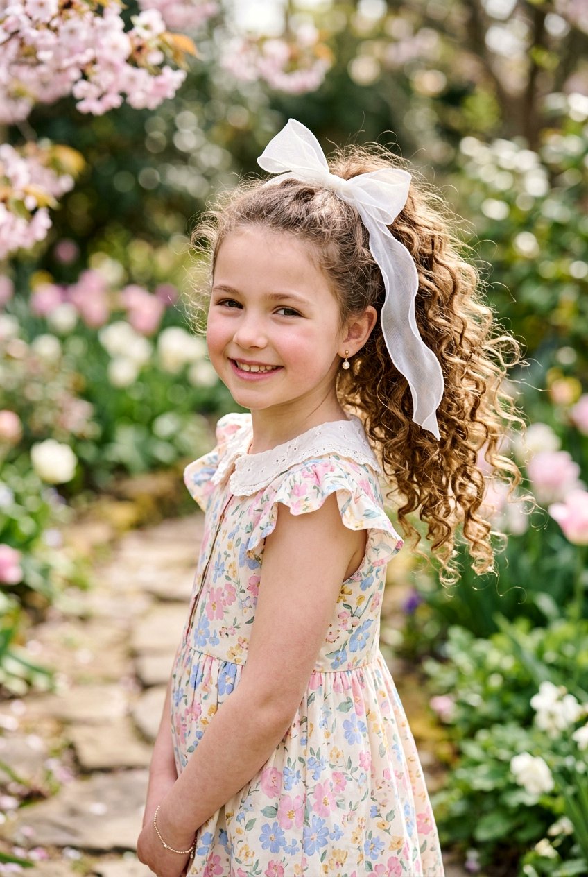 Curly Ponytail With Sheer Organza Ribbon - 20 ribbon ponytail for girls - 20 ribbon ponytail for girls