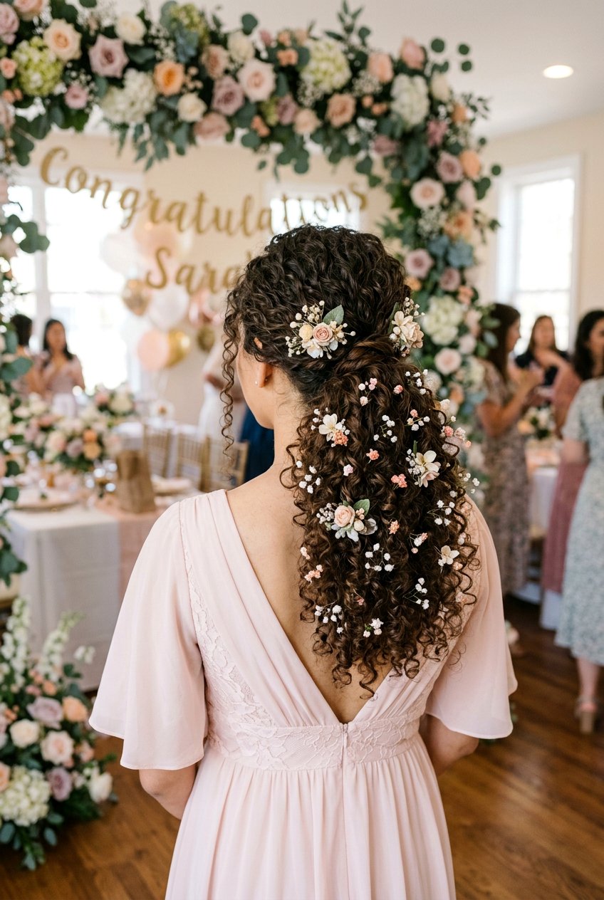 Curly Ponytail With Small Floral Clips - 20 bridal shower ponytail with curls - 20 bridal shower ponytail with curls