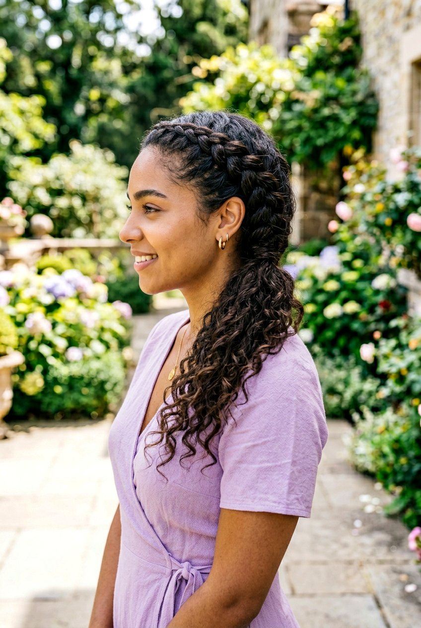 Curly Ponytail with Braided Detail Along the Side - 20 dinner ponytail with curls - 20 dinner ponytail with curls