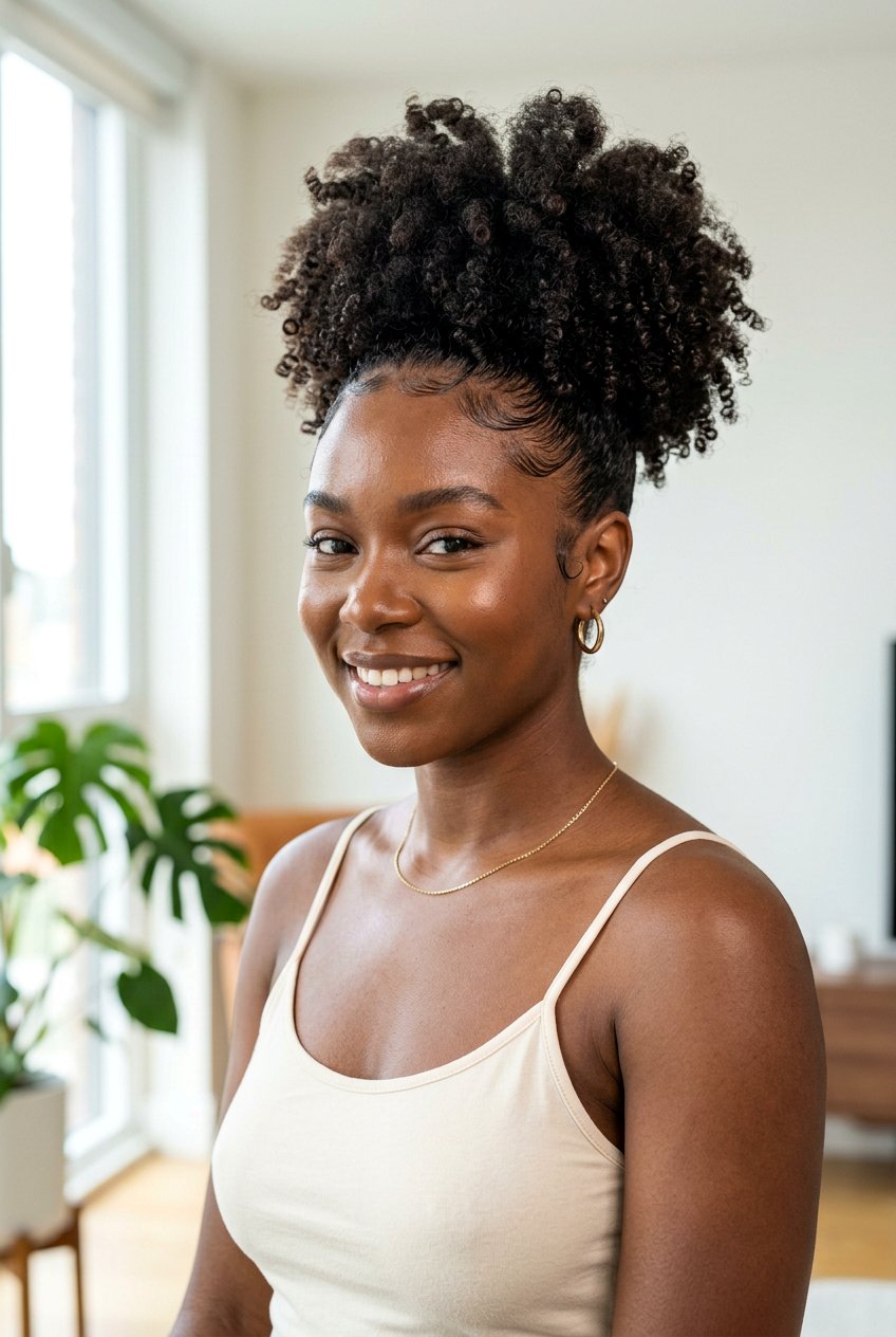 Curly Puff With Defined Edges - 20 no heat hairstyles - 20 no heat hairstyles