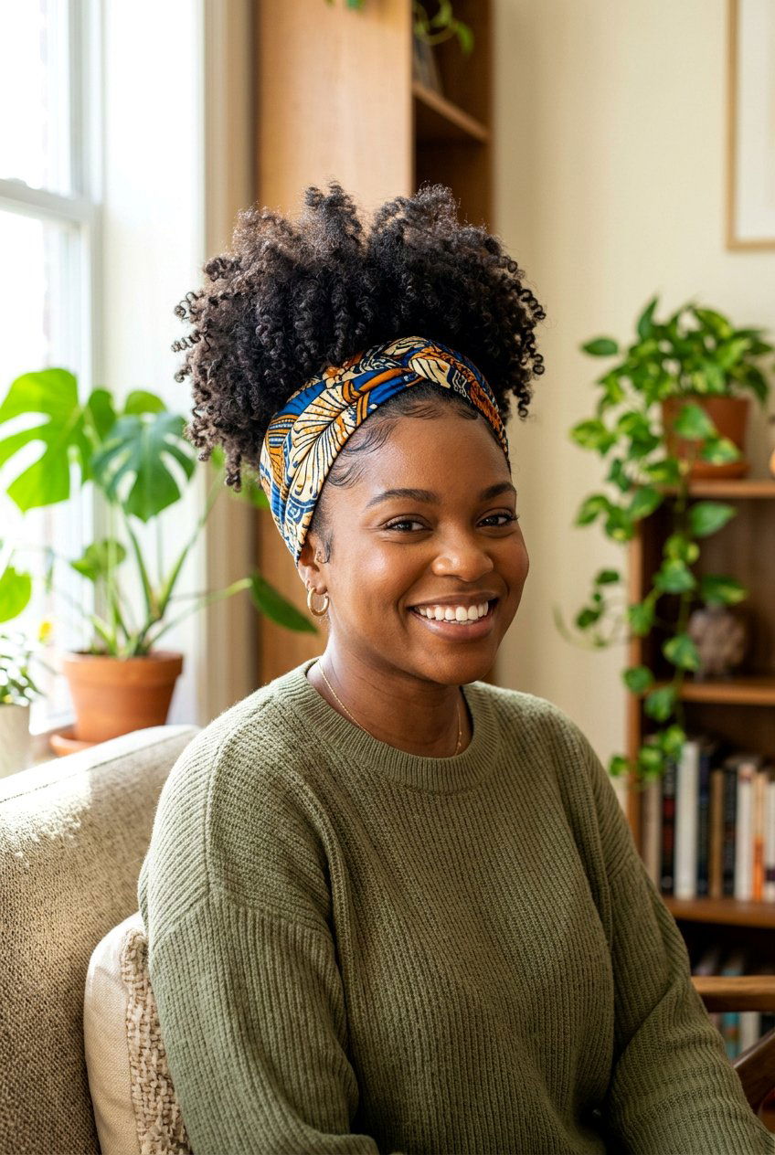 Curly Puff With Wide Fabric Headband - 20 headband hairstyles - 20 headband hairstyles