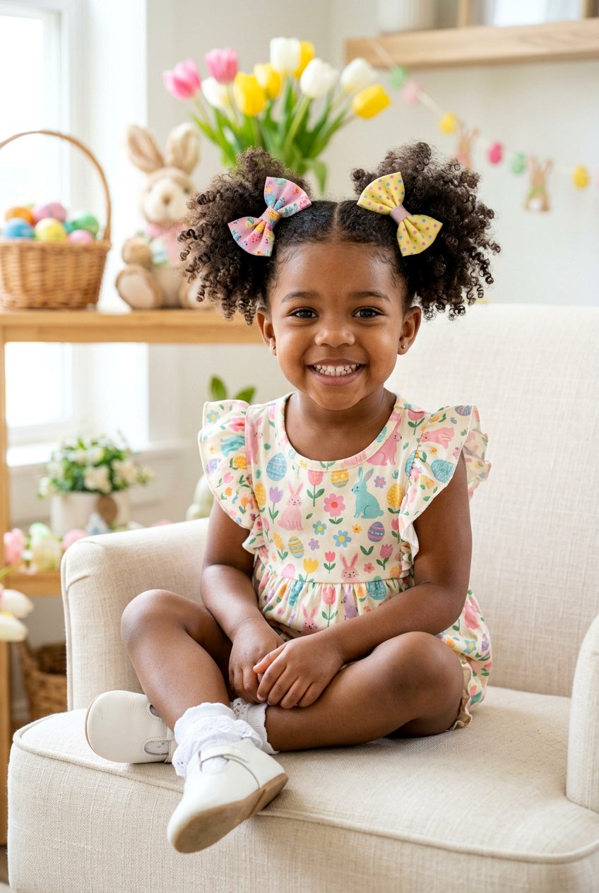 Curly Puffs With Colorful Bows - 20 easter hairstyles for little girls with bows - 20 easter hairstyles for little girls with bows