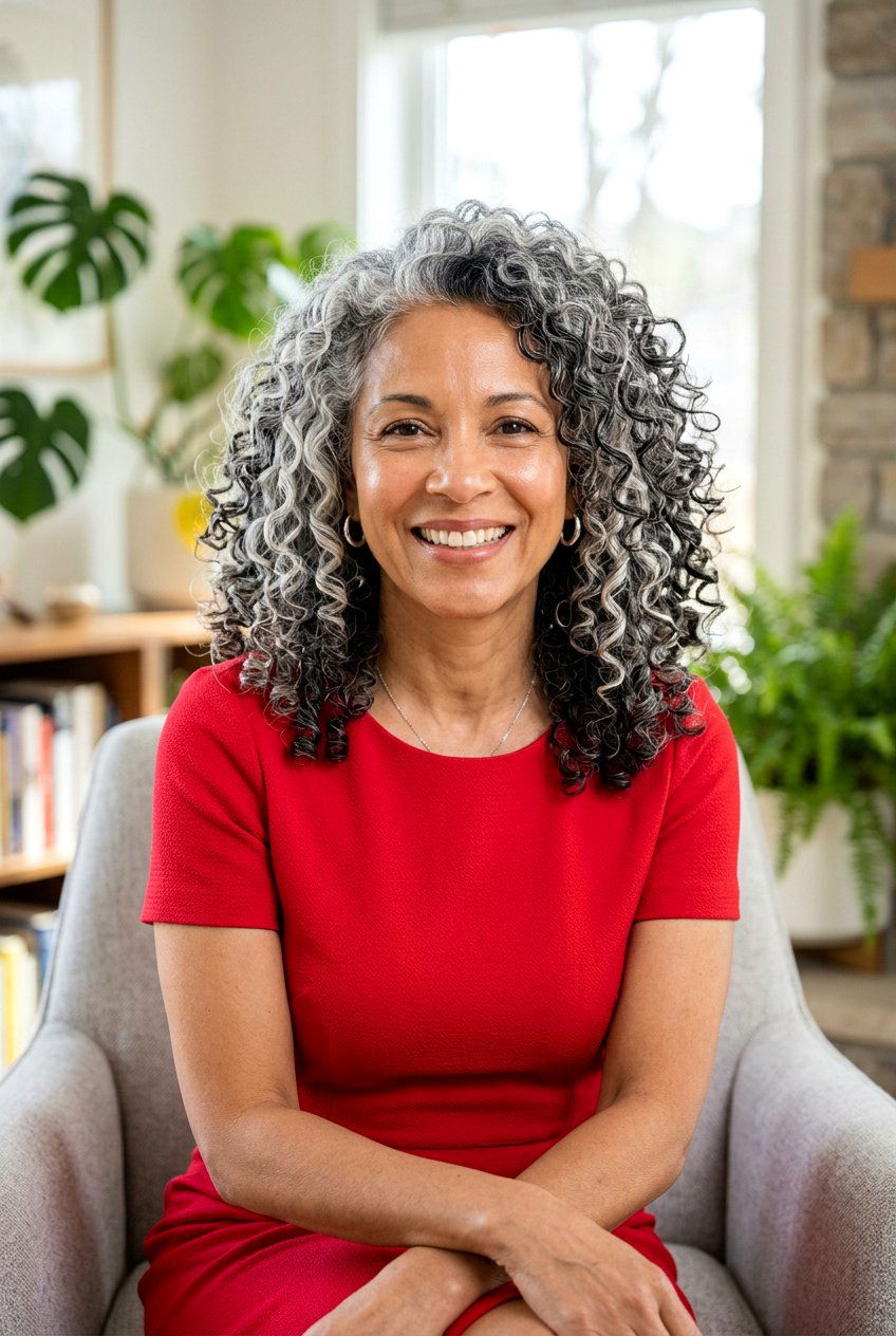 Curly Salt and Pepper with Raven Lowlights - 20 salt and pepper blend with lowlights - 20 salt and pepper blend with lowlights