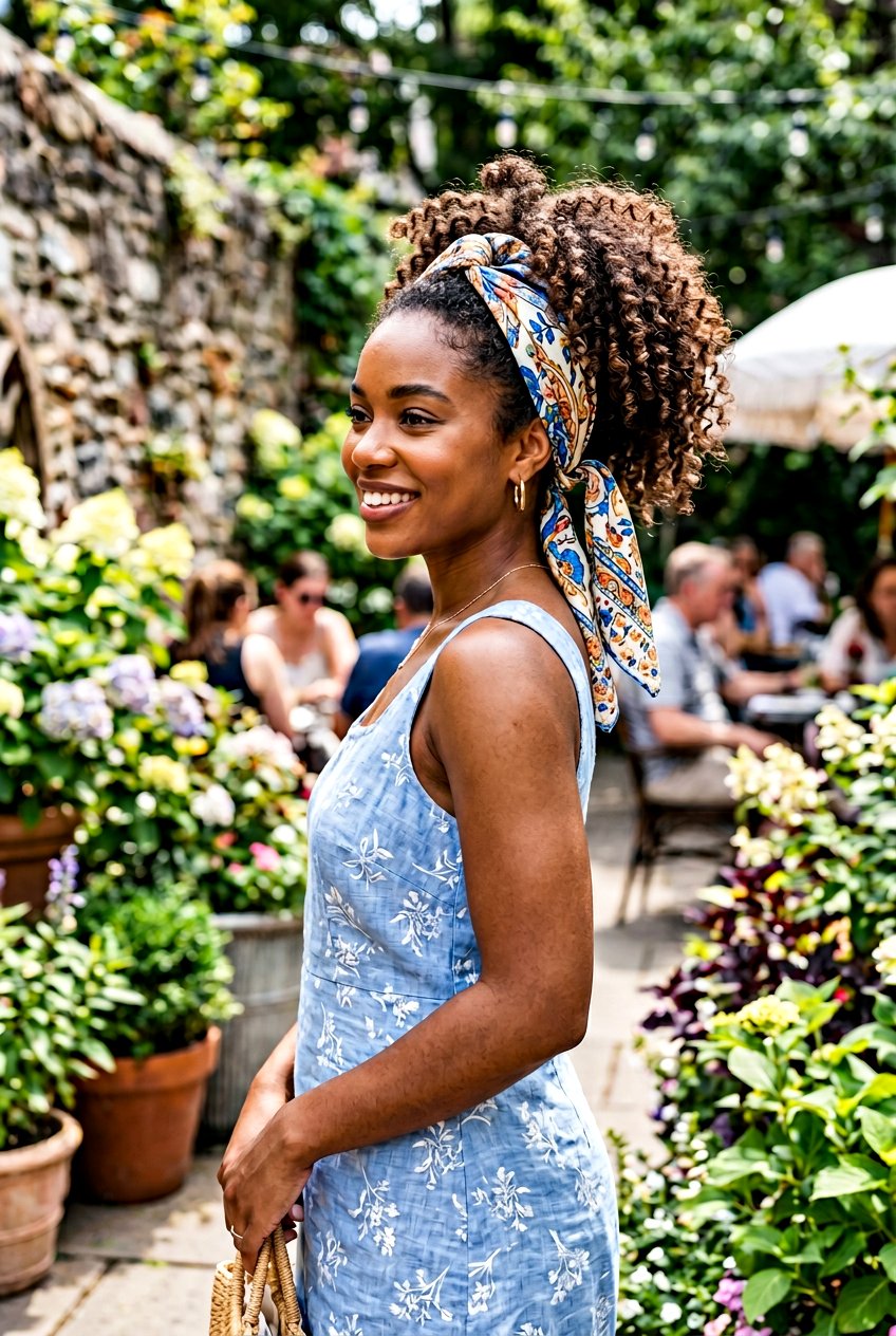 Curly Scarf Updo For Humid Weather - 20 humid weather curly hairstyles - 20 humid weather curly hairstyles