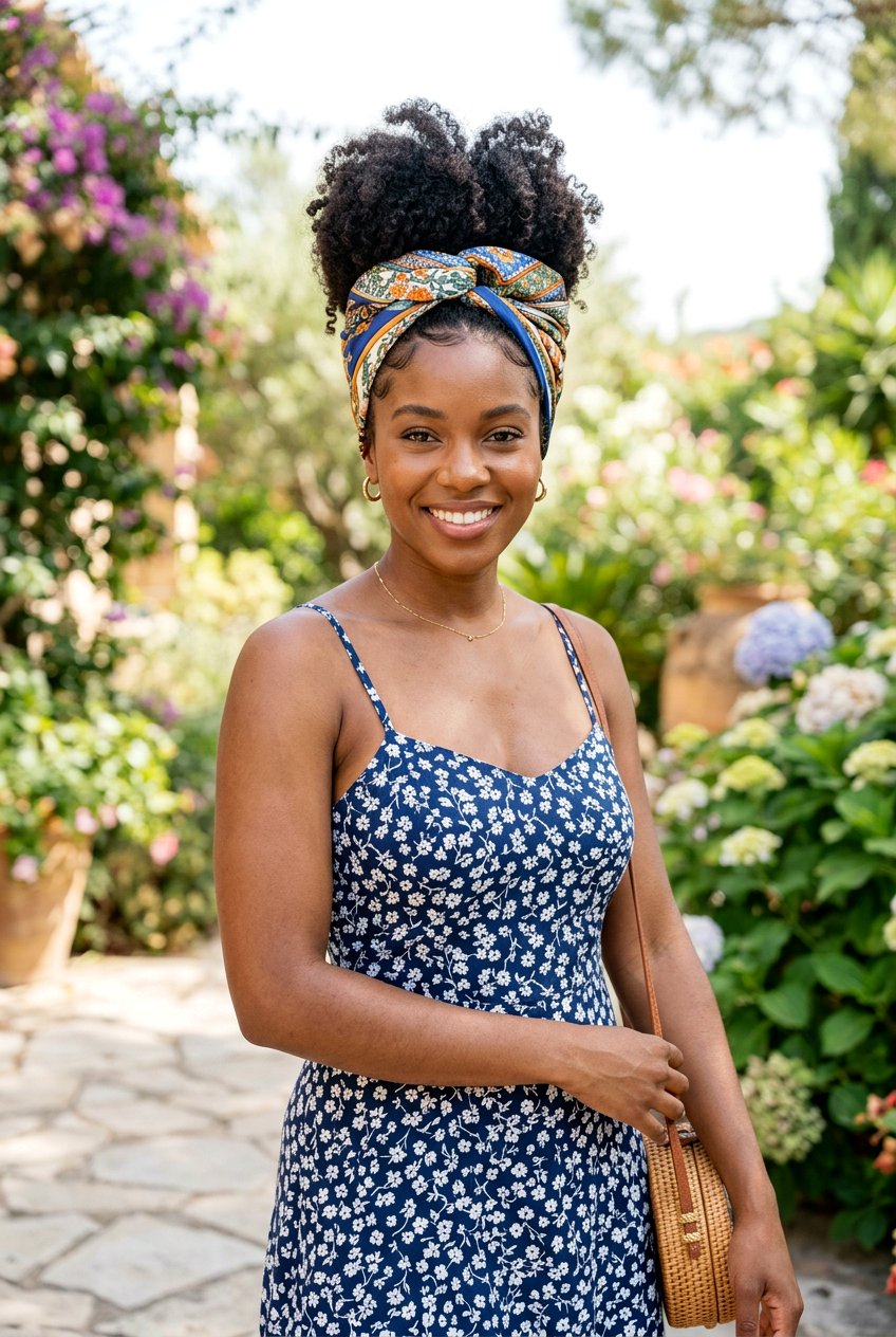 Curly Scarf Updo For Summer - 20 summer hairstyles for curly hair - 20 summer hairstyles for curly hair