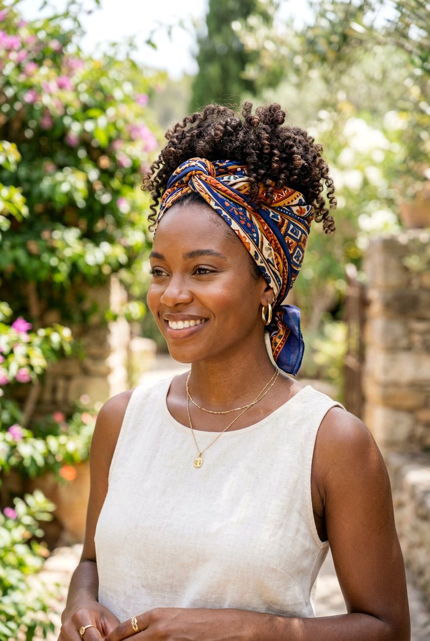 Curly Scarf Updo - 20 humidity proof hairstyles for curly hair - 20 humidity proof hairstyles for curly hair