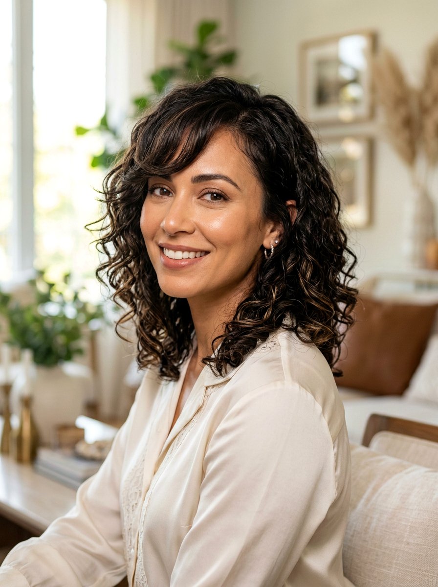 Curly Shoulder Length A Line Bob With Sweeping Bangs - 20 curly shoulder length haircut with bangs - 20 curly shoulder length haircut with bangs