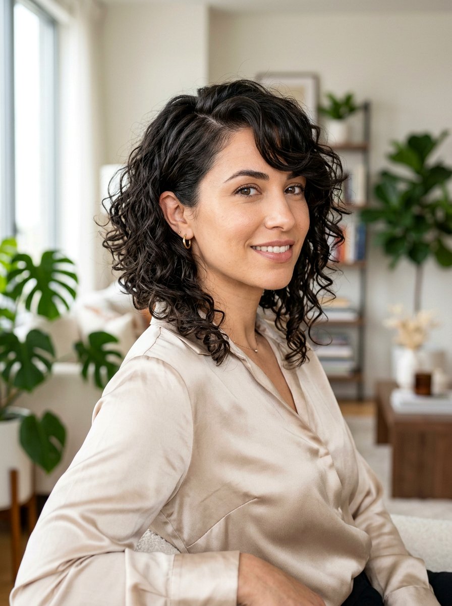 Curly Shoulder Length Inverted Bob With Side Bangs - 20 curly shoulder length haircut with bangs - 20 curly shoulder length haircut with bangs