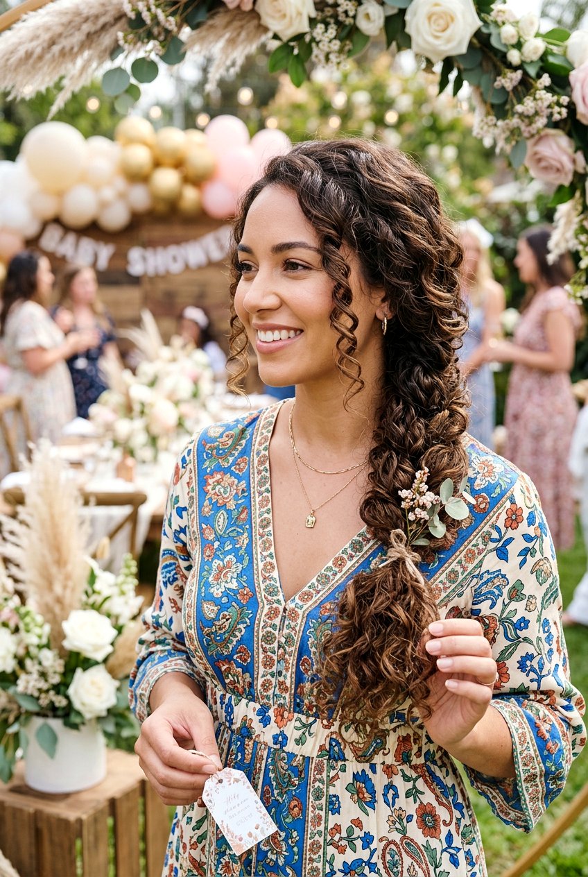 Curly Side Braid Baby Shower Hair - 20 baby shower curls hairstyle - 20 baby shower curls hairstyle