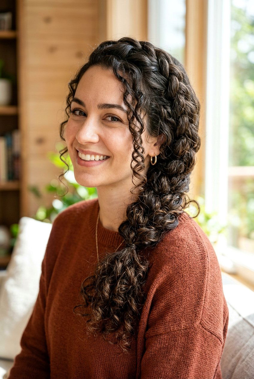 Curly Side Braid - 20 bridal hairstyle for long curly hair - 20 bridal hairstyle for long curly hair