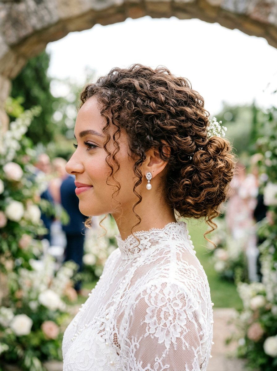 Curly Side Bun - 20 wedding hairstyles for curly brides - 20 wedding hairstyles for curly brides