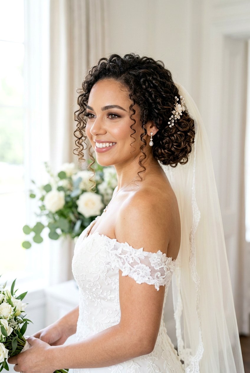 Curly Side Bun Bridal Hair With Veil - 20 bridal side bun with veil - 20 bridal side bun with veil