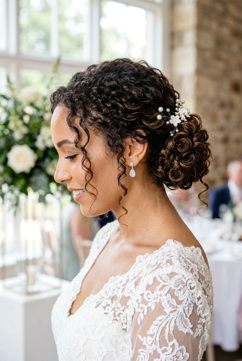 Curly Side Bun For Wedding - 20 wedding hairstyles for curly natural hair - 20 wedding hairstyles for curly natural hair