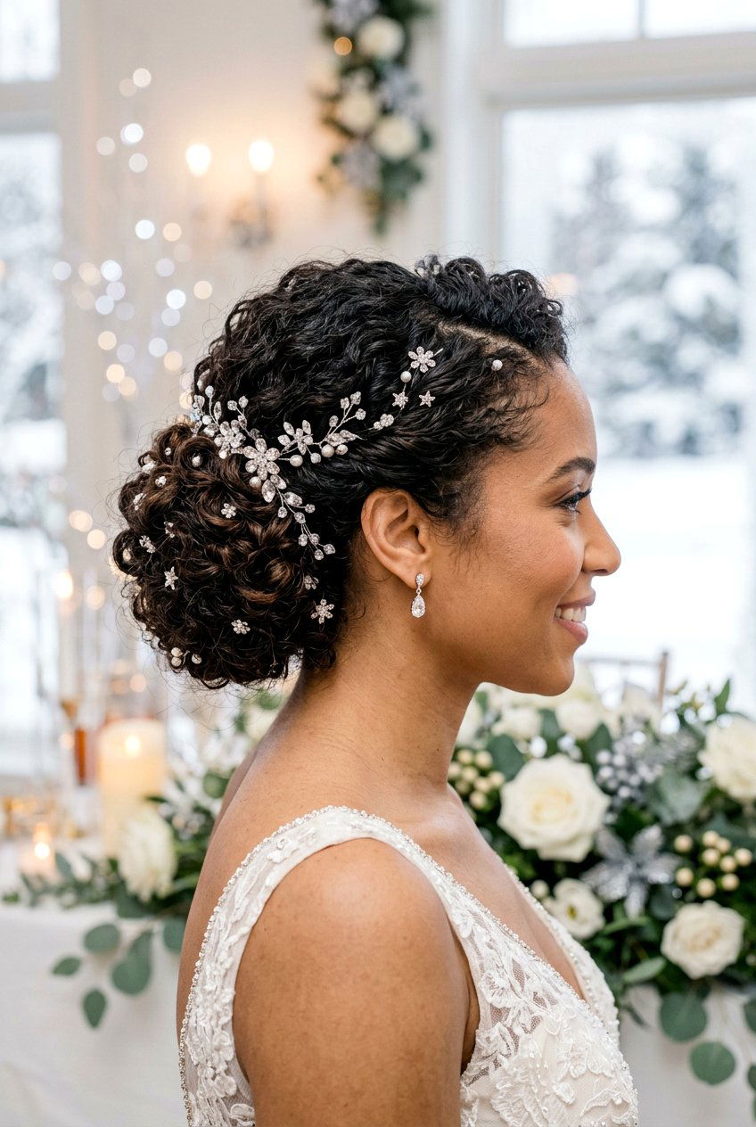 Curly Side Bun With Sparkly Pins - 20 bridesmaid side bun with curls - 20 bridesmaid side bun with curls