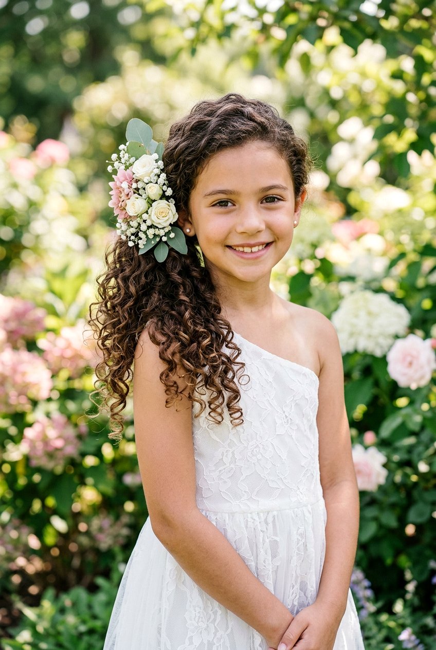 Curly Side Ponytail With Flowers - 20 flower girl hairstyles with curls - 20 flower girl hairstyles with curls