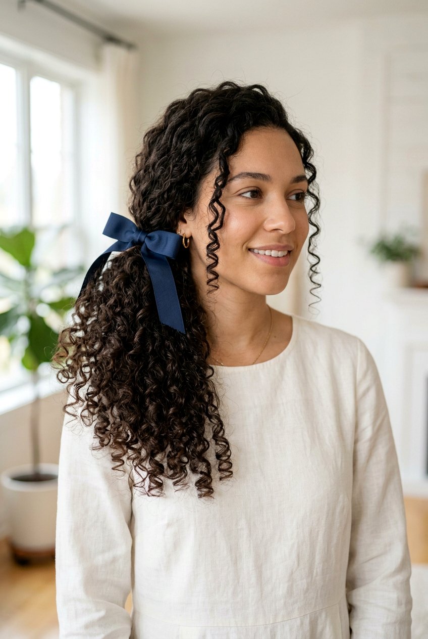 Curly Side Ponytail With Ribbon Bow - 20 side ponytail with ribbon - 20 side ponytail with ribbon