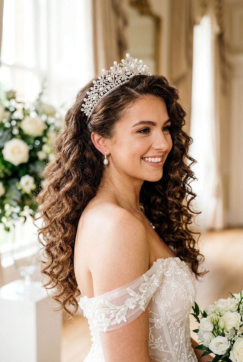 Curly Side Swept Hair With Pearl Tiara - 20 bridal curls with tiara - 20 bridal curls with tiara