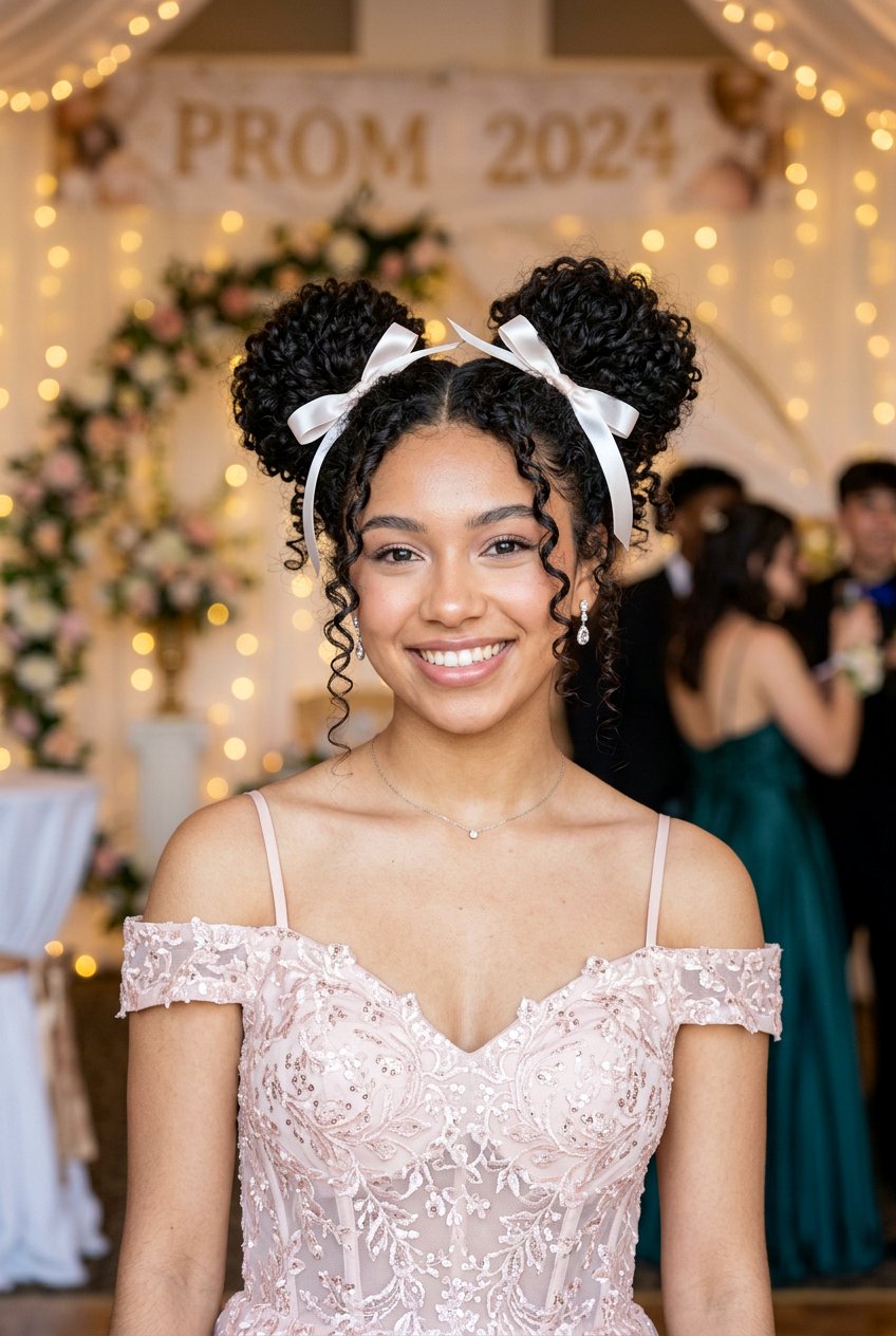 Curly Space Bun - 20 prom hairstyle for curly natural hair - 20 prom hairstyle for curly natural hair
