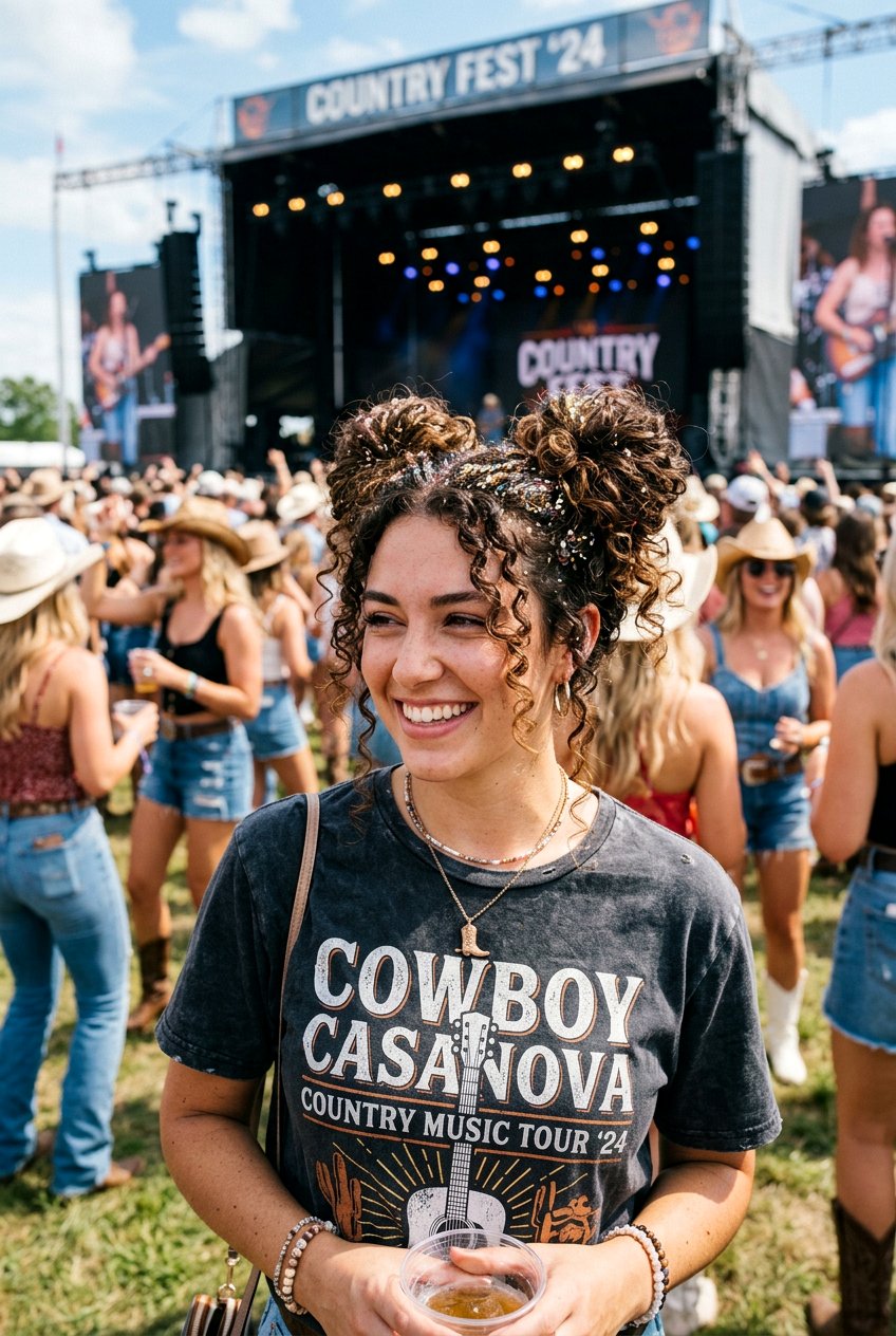 Curly Space Buns Country Concert - 20 country concert curls hairstyle - 20 country concert curls hairstyle