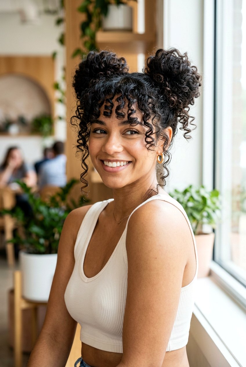 Curly Space Buns For Summer - 20 summer hairstyles for curly hair - 20 summer hairstyles for curly hair