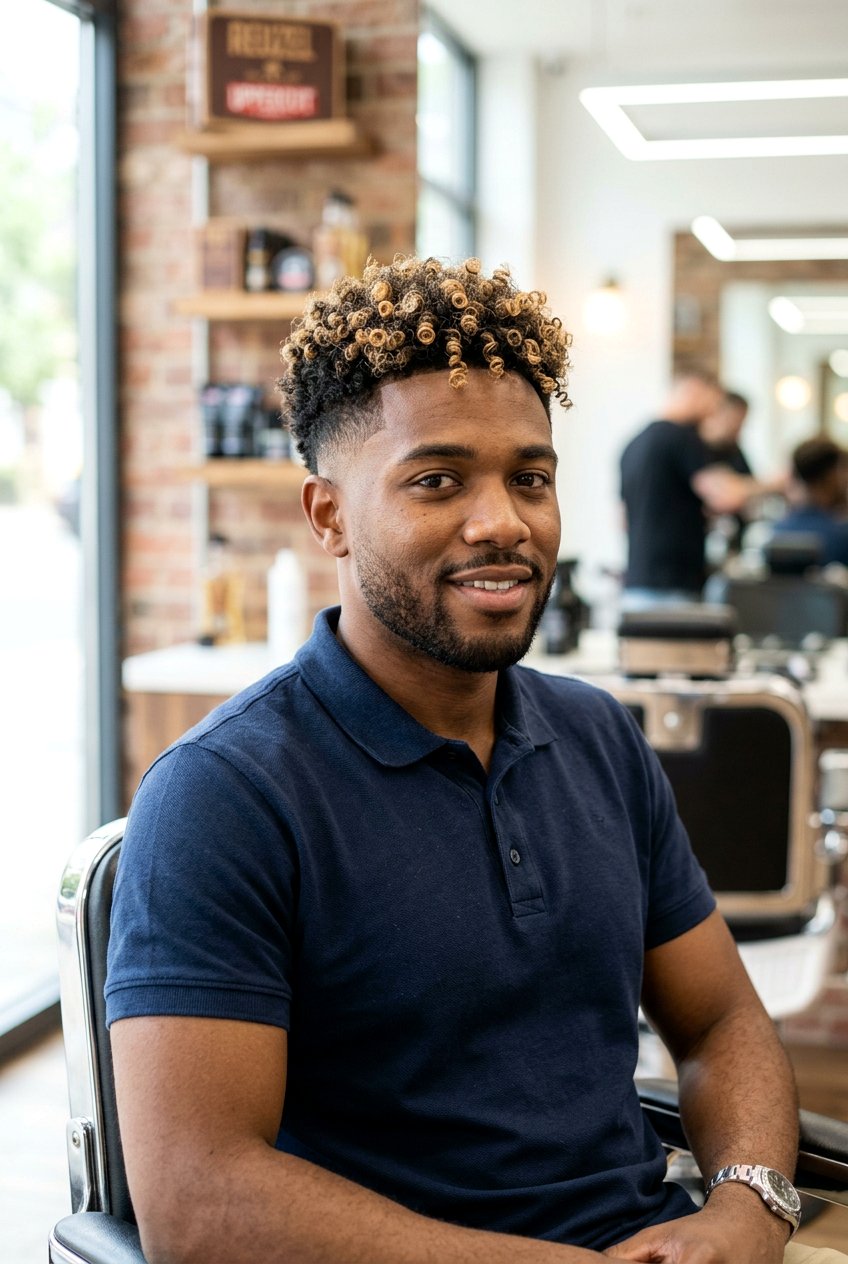 Curly Taper with Balayage Blonde Highlights - 20 curly taper cut with blonde highlights - 20 curly taper cut with blonde highlights