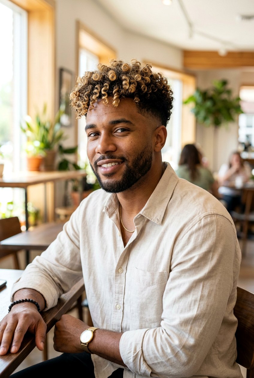 Curly Taper with Buttery Blonde Highlights - 20 curly taper cut with blonde highlights - 20 curly taper cut with blonde highlights