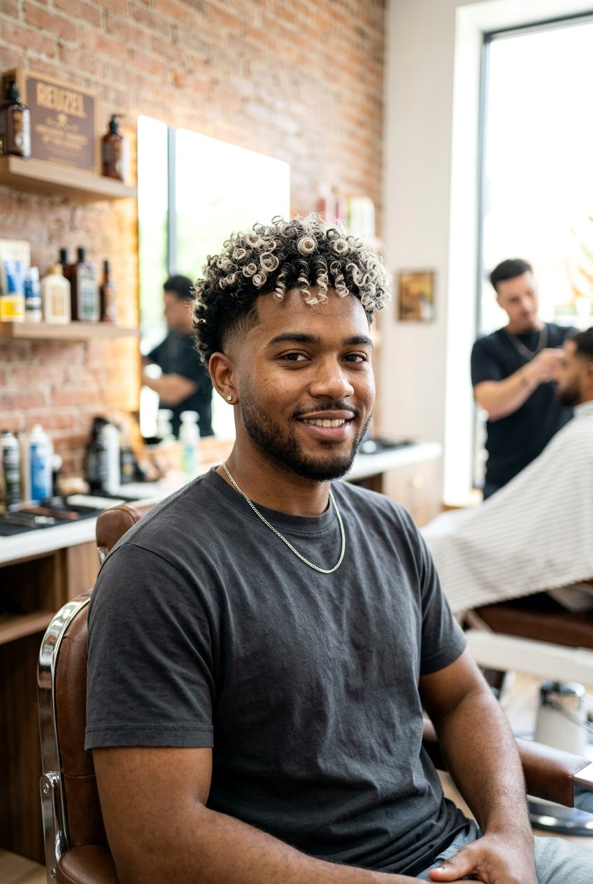 Curly Taper with Frosted Blonde Tips - 20 curly taper cut with blonde highlights - 20 curly taper cut with blonde highlights