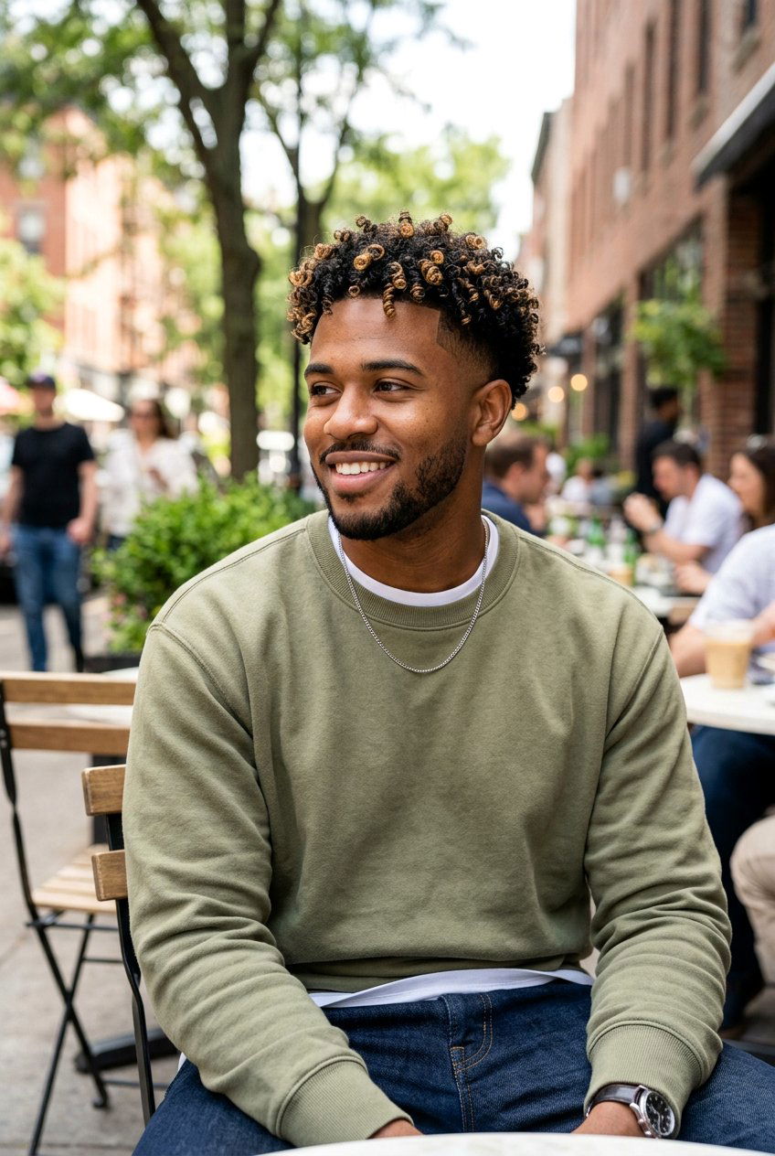 Curly Taper with Honey Blonde Highlights - 20 curly taper cut with blonde highlights - 20 curly taper cut with blonde highlights