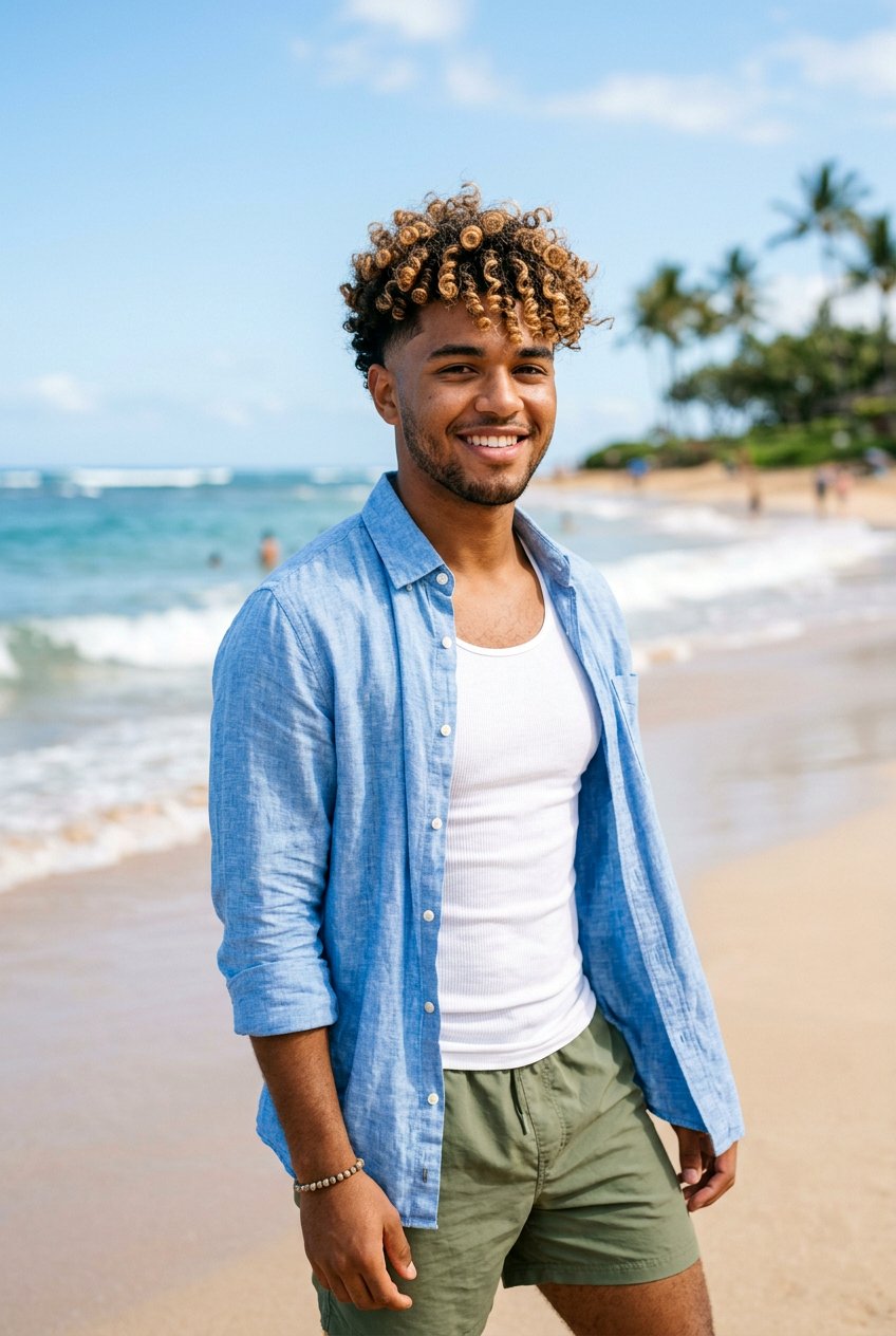 Curly Taper with Sun Kissed Blonde Highlights - 20 curly taper cut with blonde highlights - 20 curly taper cut with blonde highlights