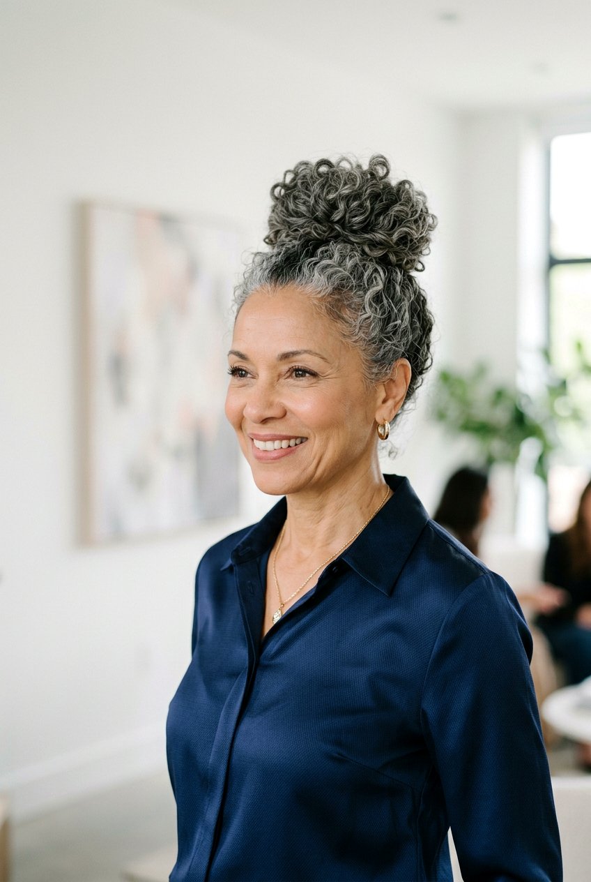 Curly Top Knot - 20 curly wedding guest hairstyle for mature women - 20 curly wedding guest hairstyle for mature women