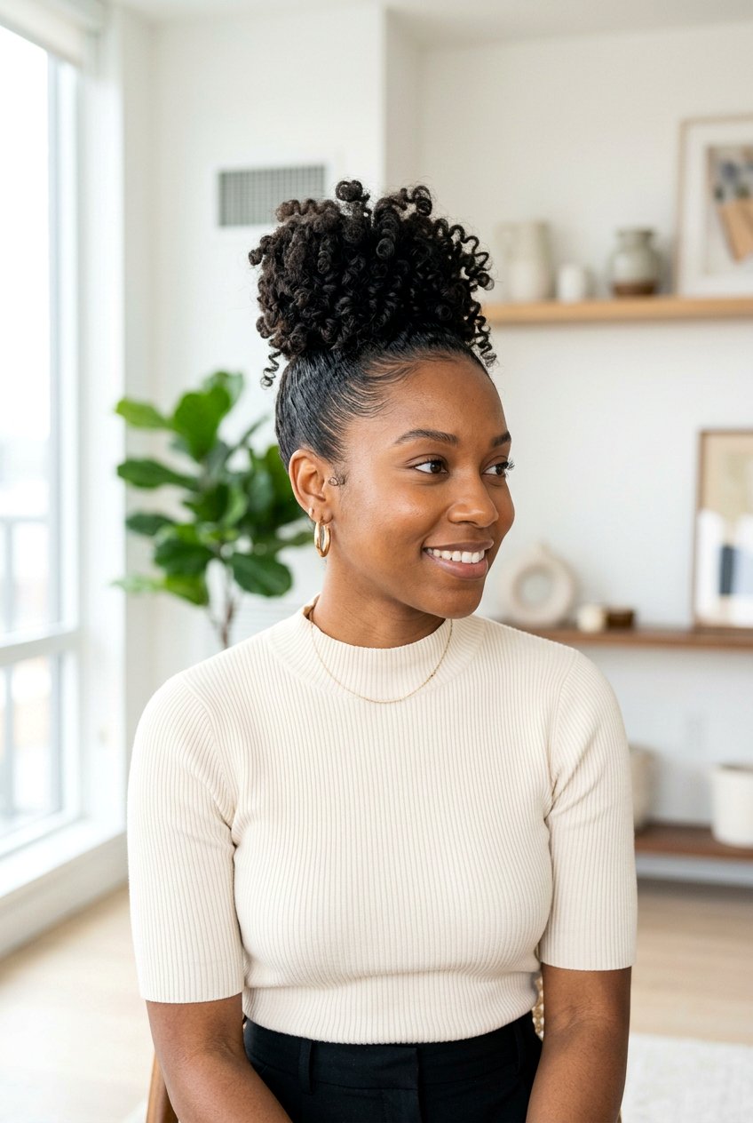 Curly Top Knot - 20 humidity proof hairstyles for curly hair - 20 humidity proof hairstyles for curly hair