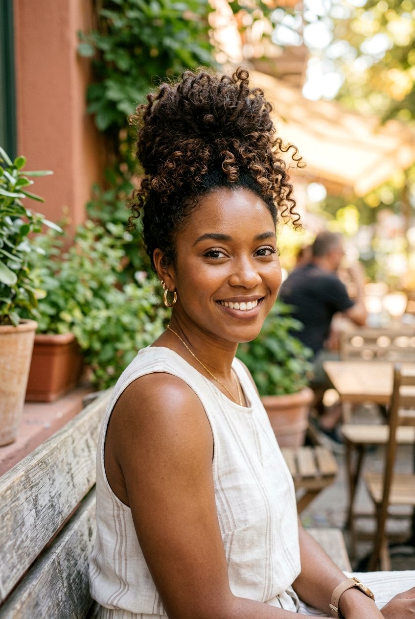 Curly Top Knot For Frizz Reduction - 20 anti frizz hairstyles for summer - 20 anti frizz hairstyles for summer