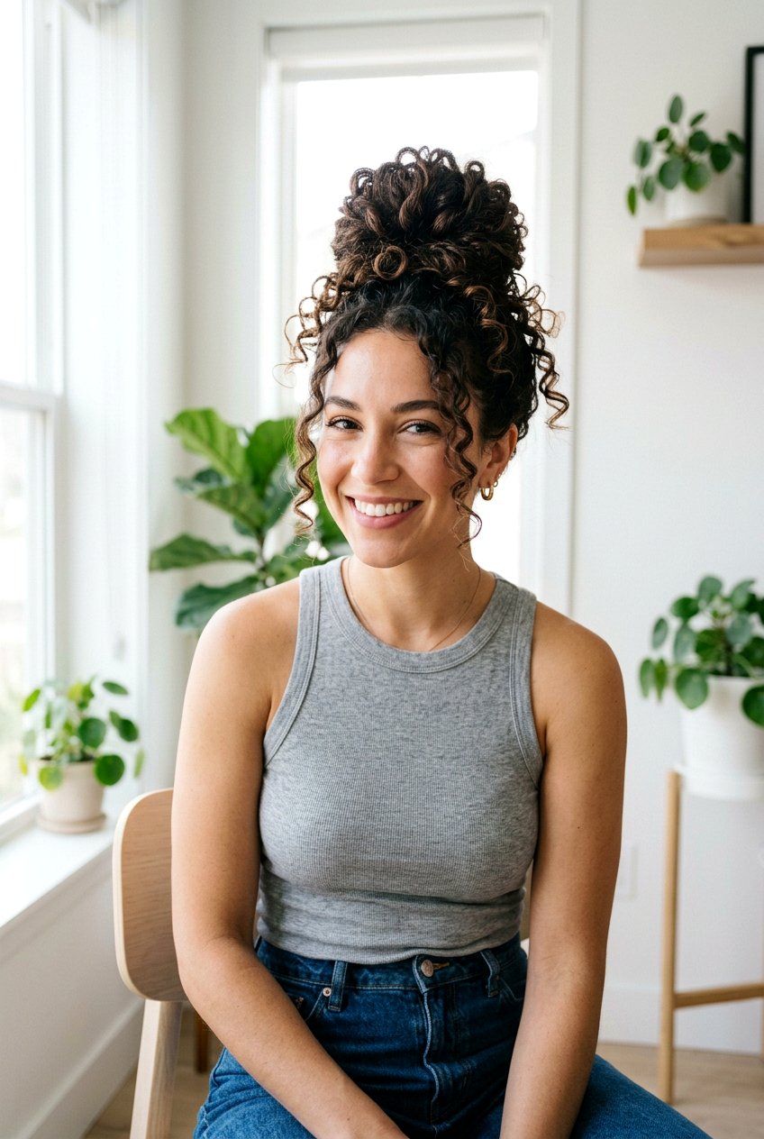 Curly Top Knot For Hot Humid Days - 20 humid weather curly hairstyles - 20 humid weather curly hairstyles