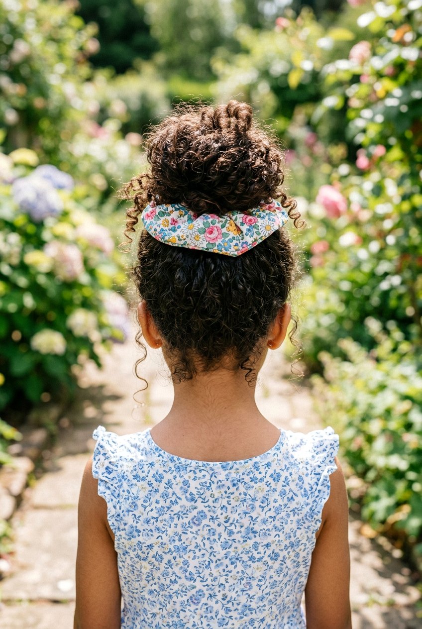 Curly Top Knot With Floral Scrunchie - 20 flower girl hairstyles with curls - 20 flower girl hairstyles with curls