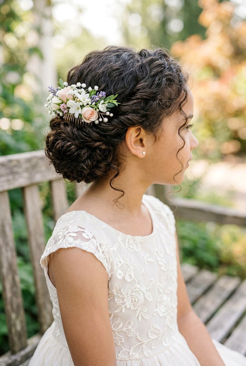 Curly Twisted Bun With Floral Comb - 20 flower girl hairstyles with curls - 20 flower girl hairstyles with curls