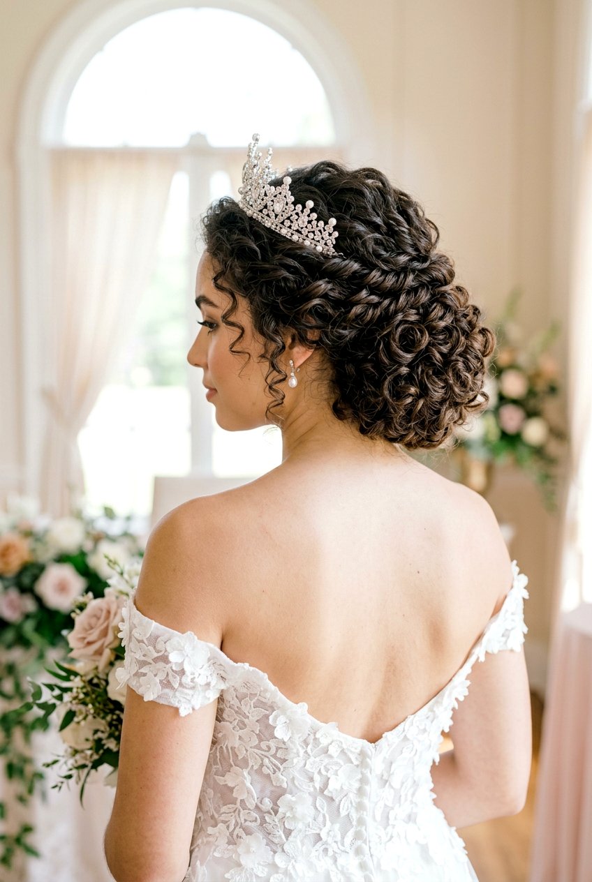 Curly Twisted Updo With Tiara - 20 bridal curls with tiara - 20 bridal curls with tiara