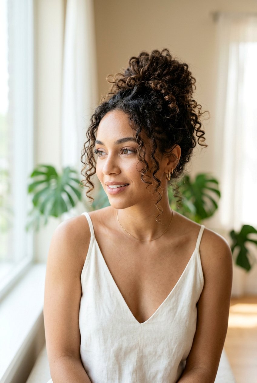 Curly Undone Bun For Natural Texture - 20 undone bun hairstyles - 20 undone bun hairstyles