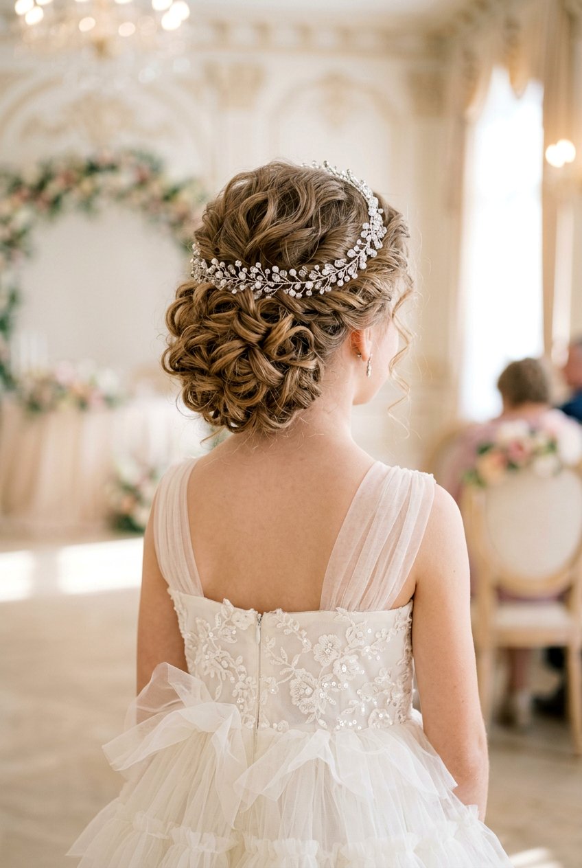 Curly Updo With Crystal Headband - 20 flower girl hairstyles with curls - 20 flower girl hairstyles with curls