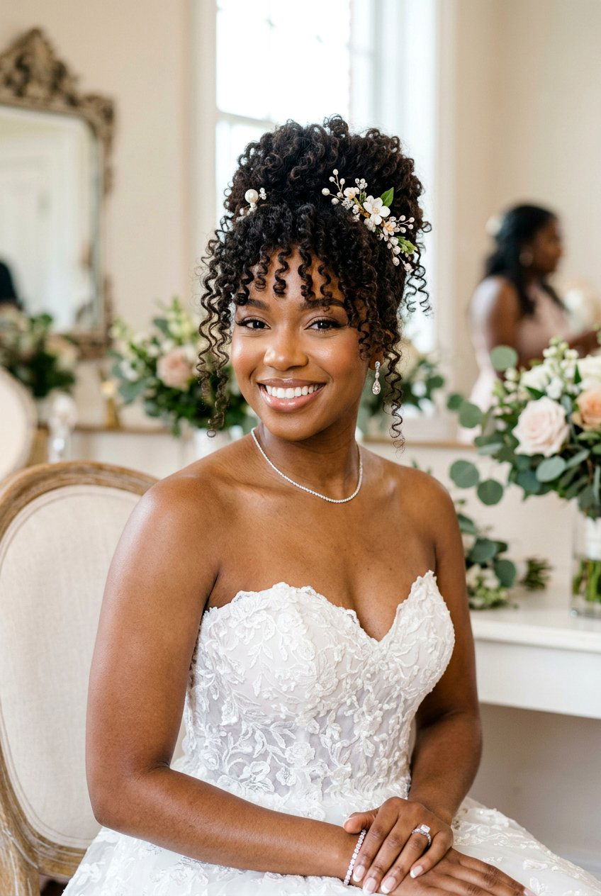 Curly Updo With Face Framing Tendrils - 20 bridal curly updo for natural hair - 20 bridal curly updo for natural hair