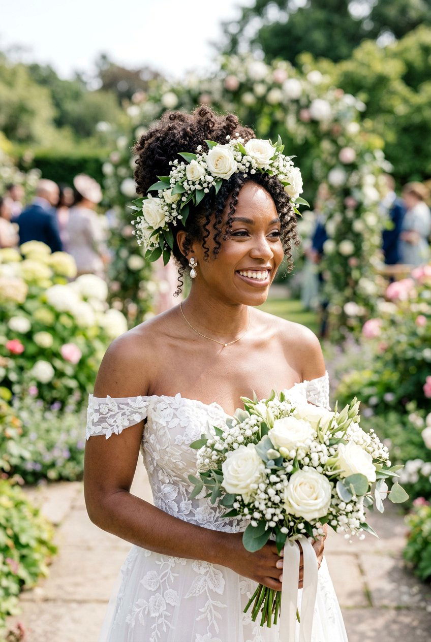 Curly Updo With Floral Crown - 20 bridal curly updo for natural hair - 20 bridal curly updo for natural hair