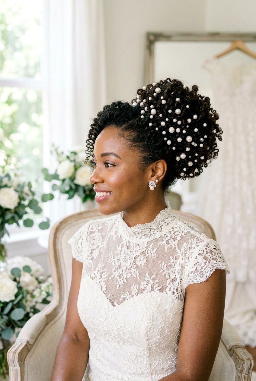 Curly Updo With Pearl Pins - 20 bridal curly updo for natural hair - 20 bridal curly updo for natural hair