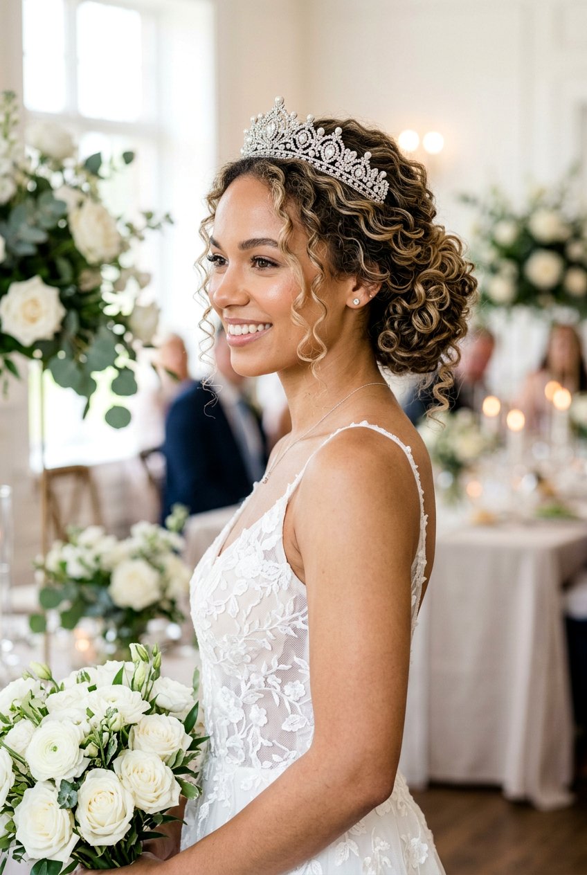 Curly Updo With Tiara and Face Framing Tendrils - 20 bridal curls with tiara - 20 bridal curls with tiara