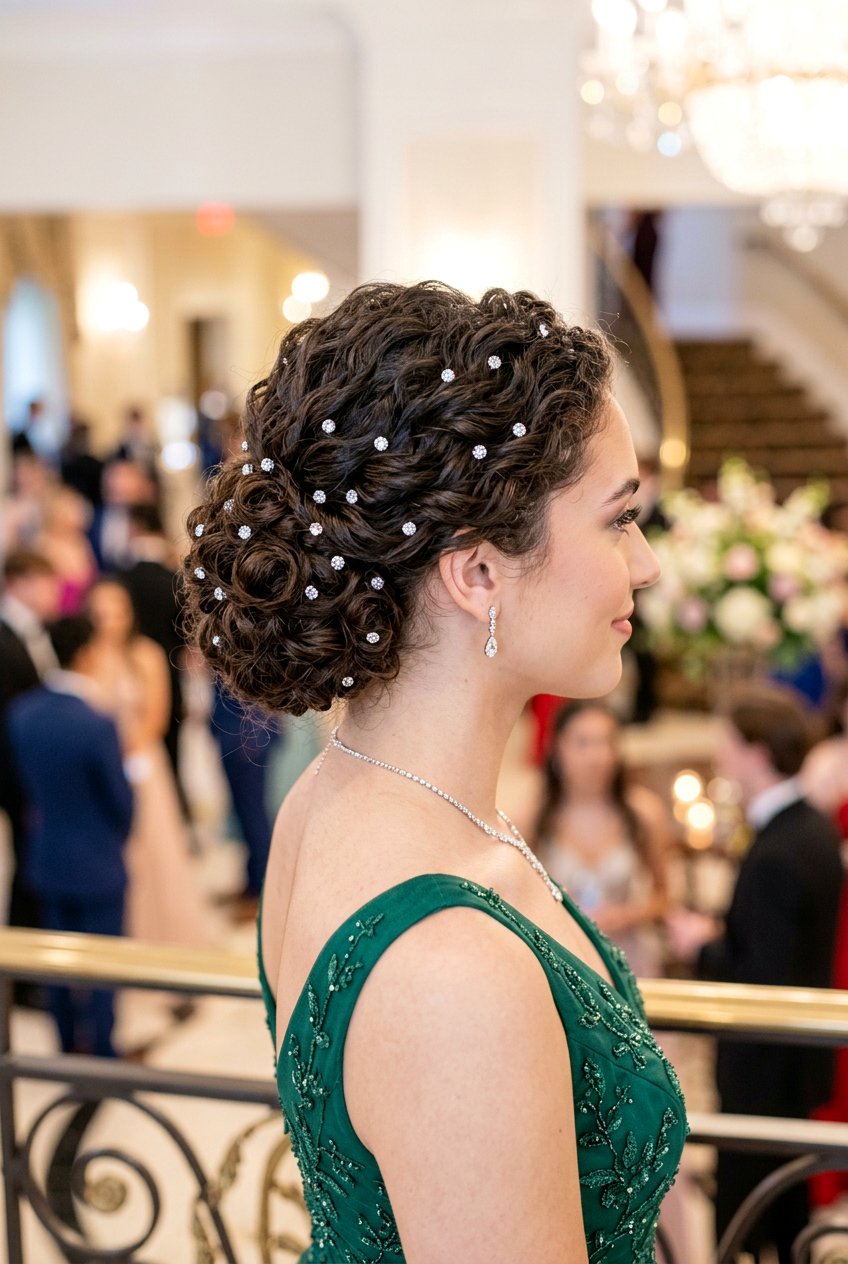 Curly Updo with Jeweled Hair Pins for Prom - 20 prom hairstyles for curly hair - 20 prom hairstyles for curly hair
