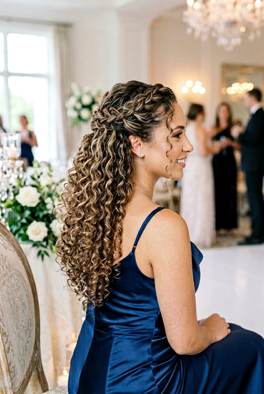 Curly Waterfall Braid Half Updo - 20 festive curls hairstyle - 20 festive curls hairstyle