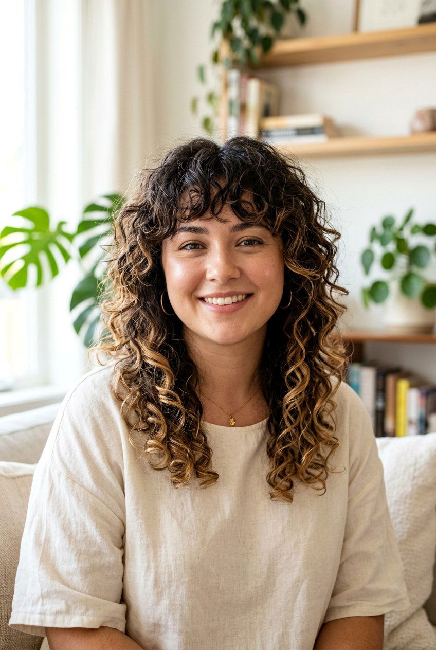 Curly Wolf Cut With Balayage For Round Face - 20 curly wolf cut for round face - 20 curly wolf cut for round face