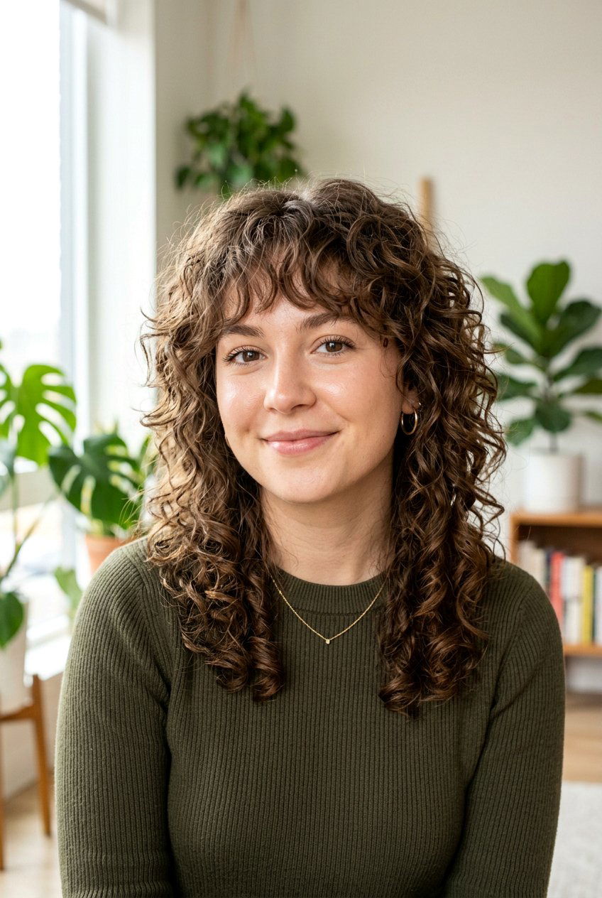 Curly Wolf Cut With Wispy Bangs For Round Face - 20 curly wolf cut for round face - 20 curly wolf cut for round face